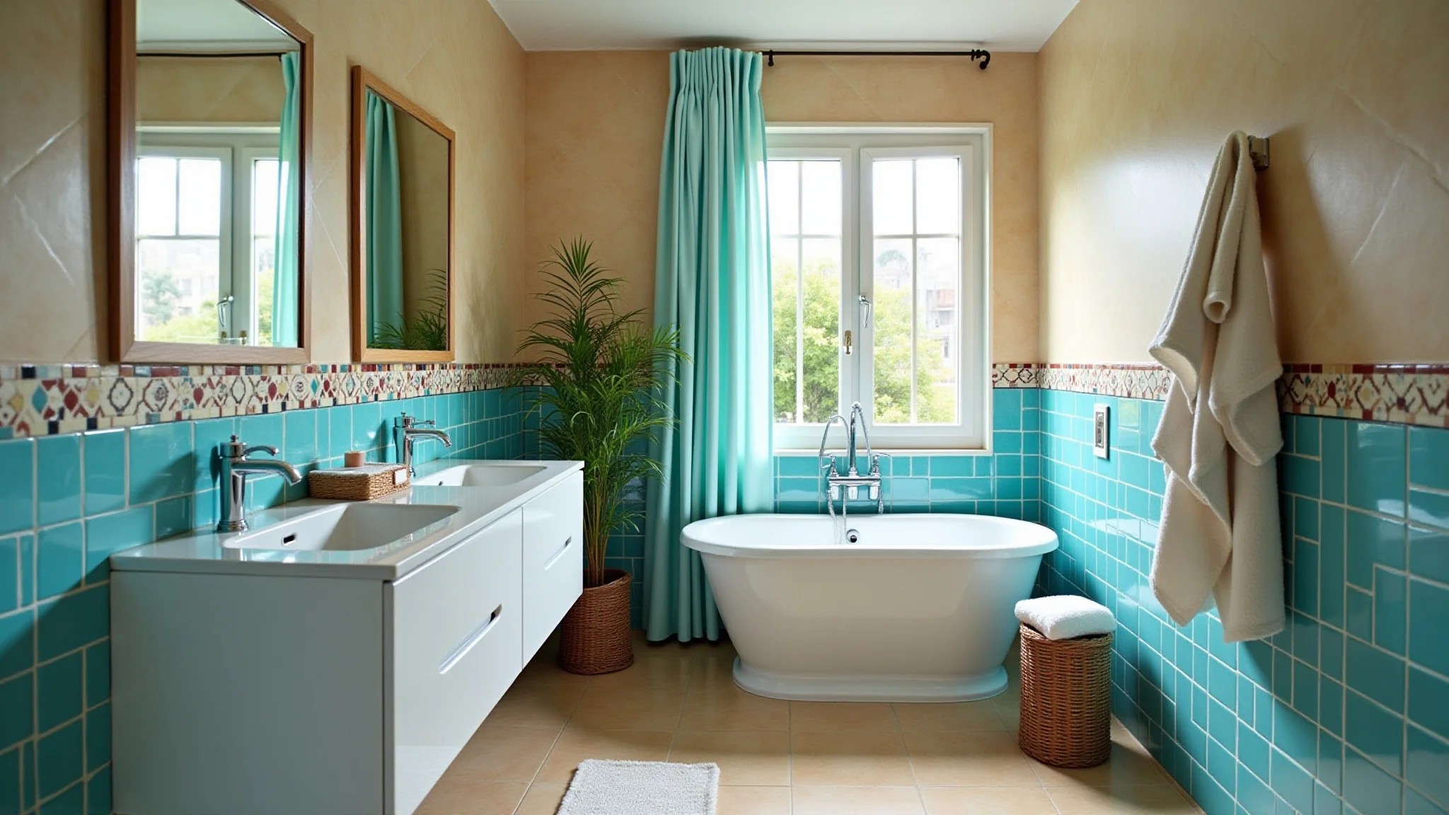 Banheiro vibrante com azulejos neutros e azul turquesa, iluminação clara, estilo brasileiro.