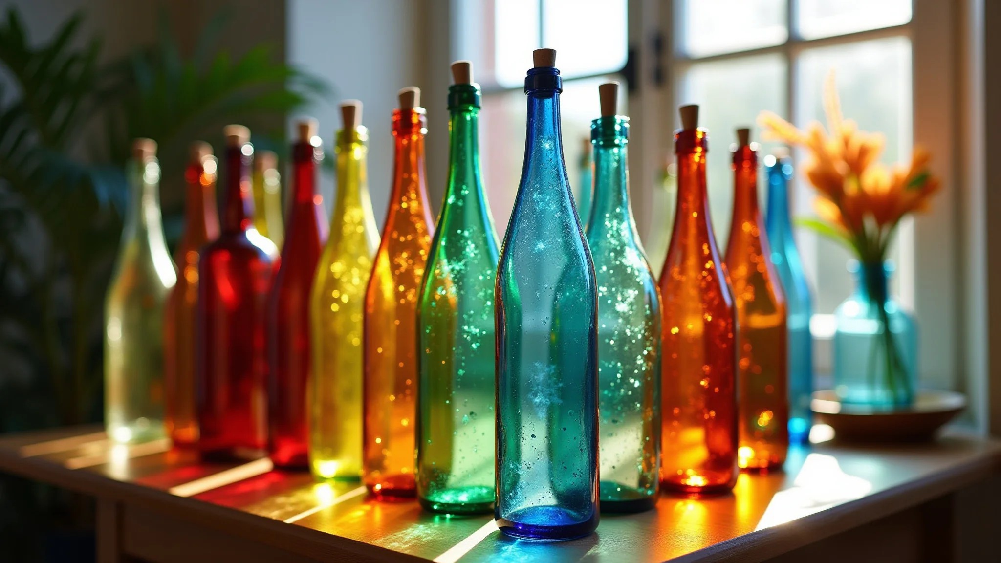 Artesanato vibrante com garrafas de vidro: vasos coloridos e peças reaproveitadas.