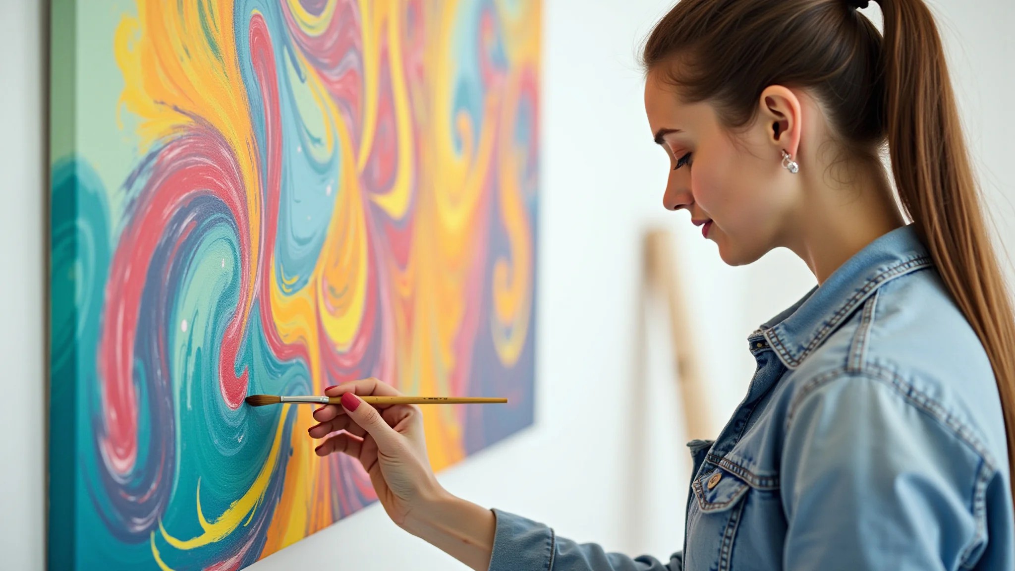 Mulher criando quadro decorativo DIY com pintura abstrata e vibrante.