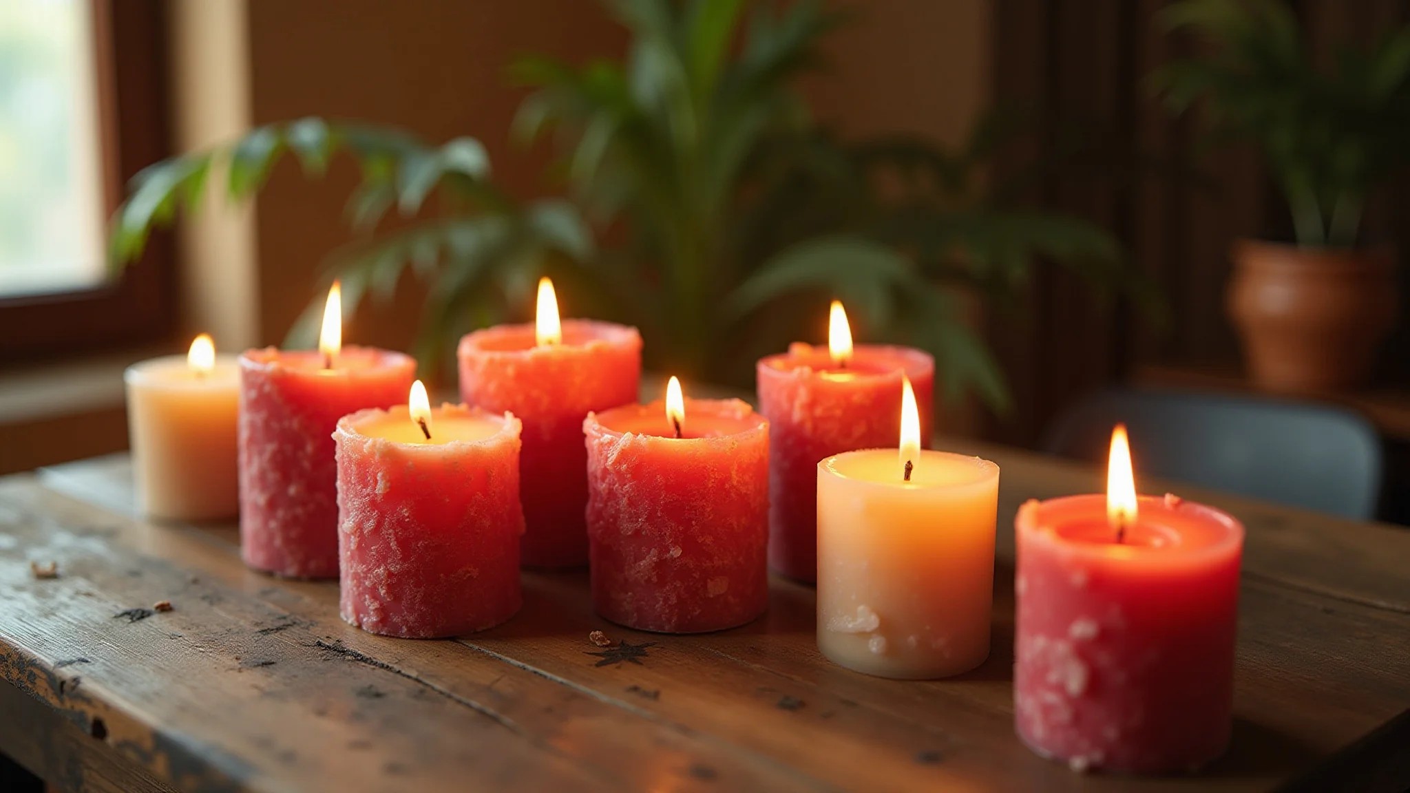 Velas caseiras vibrantes em mesa de madeira rústica, iluminação suave, decoração brasileira.