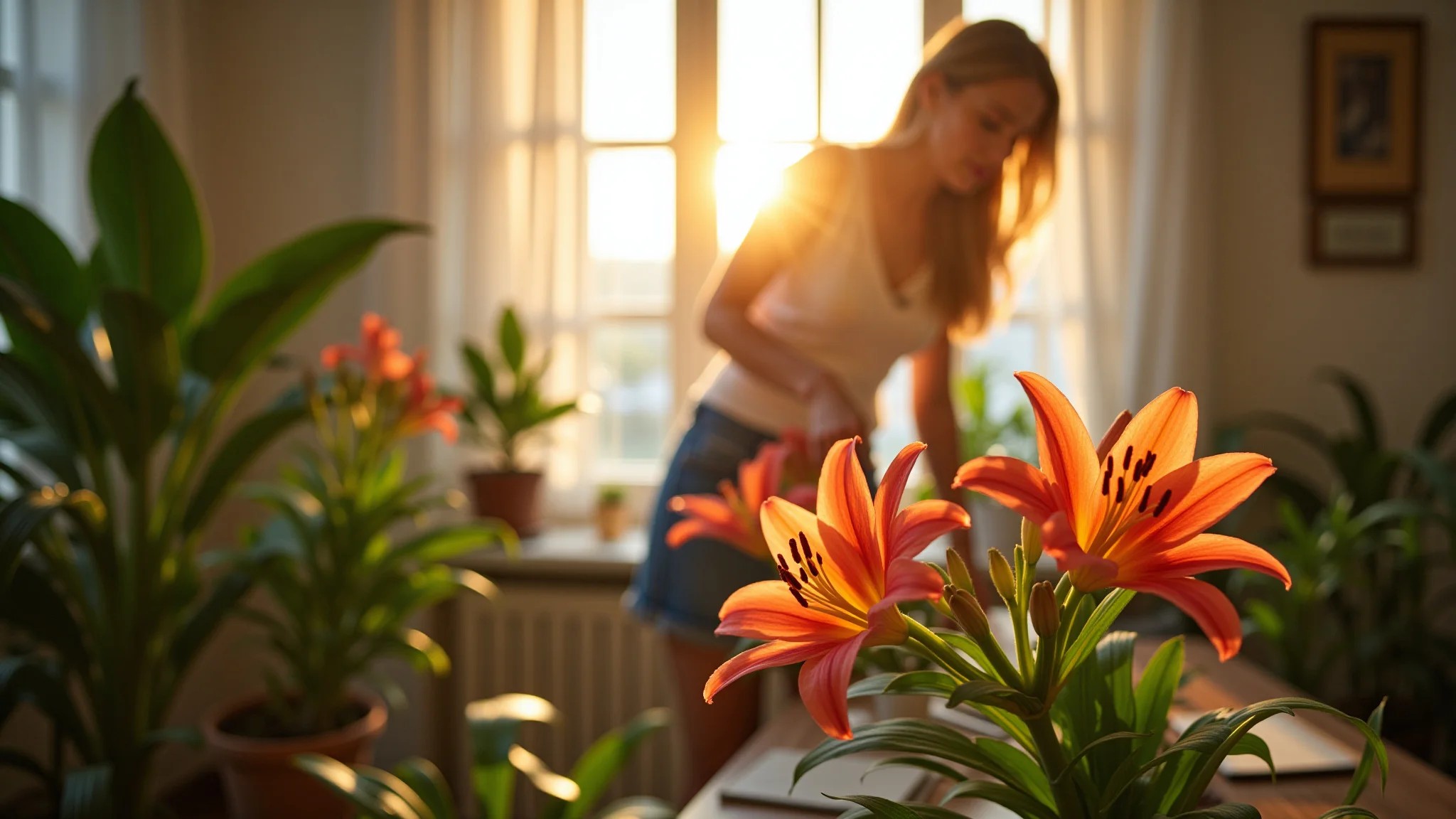 Mulher cuidando de lírios em casa, com luz natural e ambiente aconchegante.