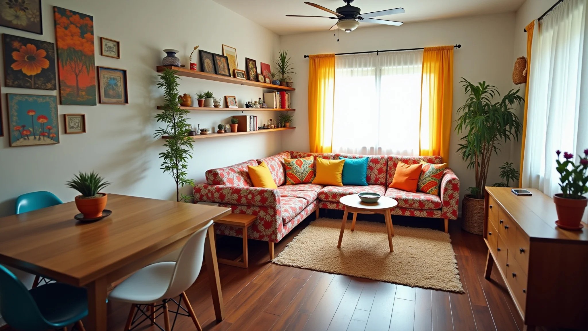Sala de estar vibrante com decoração DIY e almofadas coloridas.