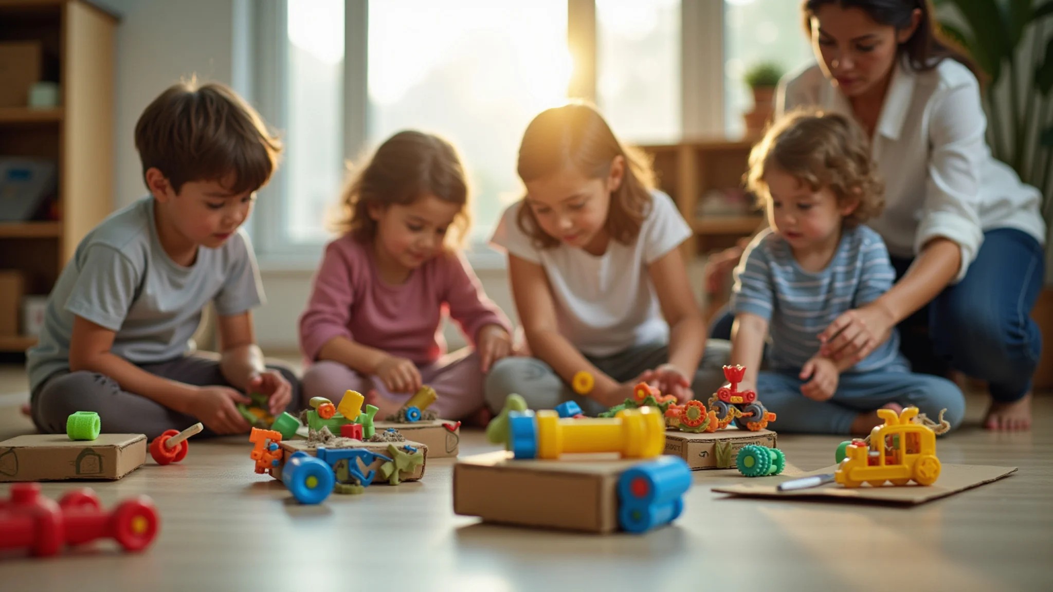 Sala vibrante com brinquedos de papelão e artesanato reciclado, família brasileira brincando.