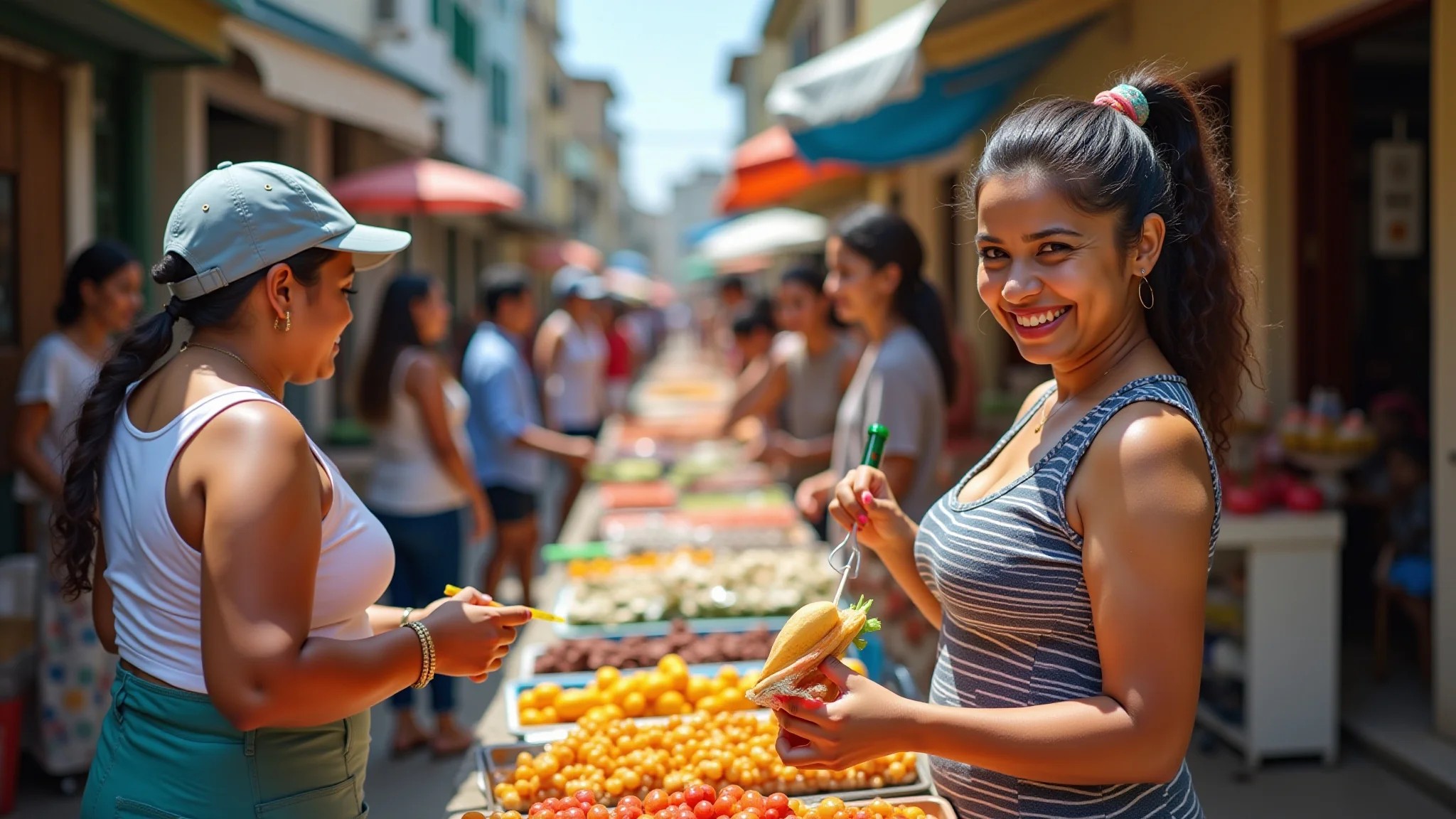 Mulheres explorando mercado vibrante em Maceió, comprando artesanato e comida local.