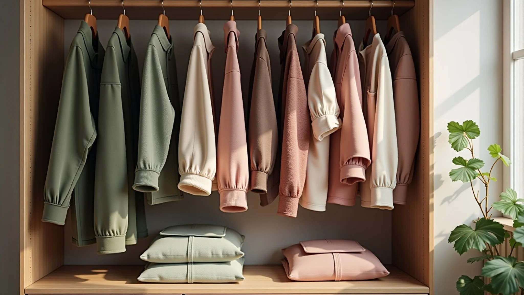 Guarda-roupa com roupas em cores outono suave: verdes, rosas, marrons.