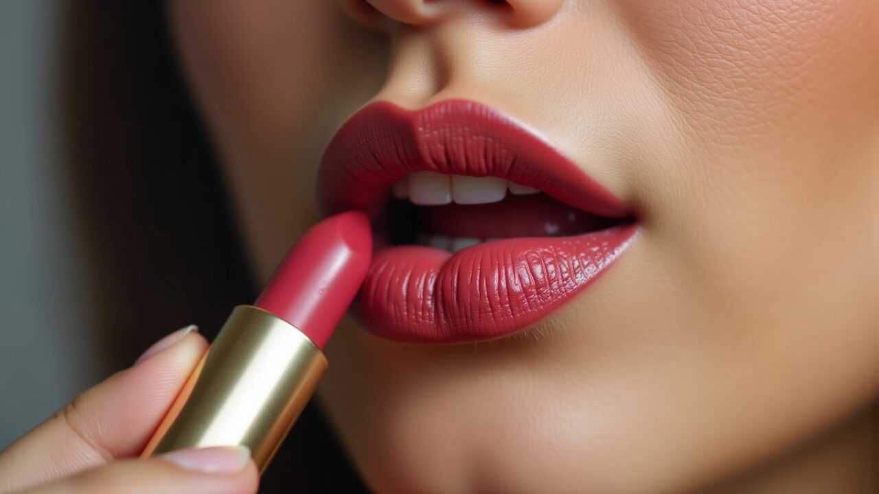Mulher aplicando batom matte, close-up nos lábios.