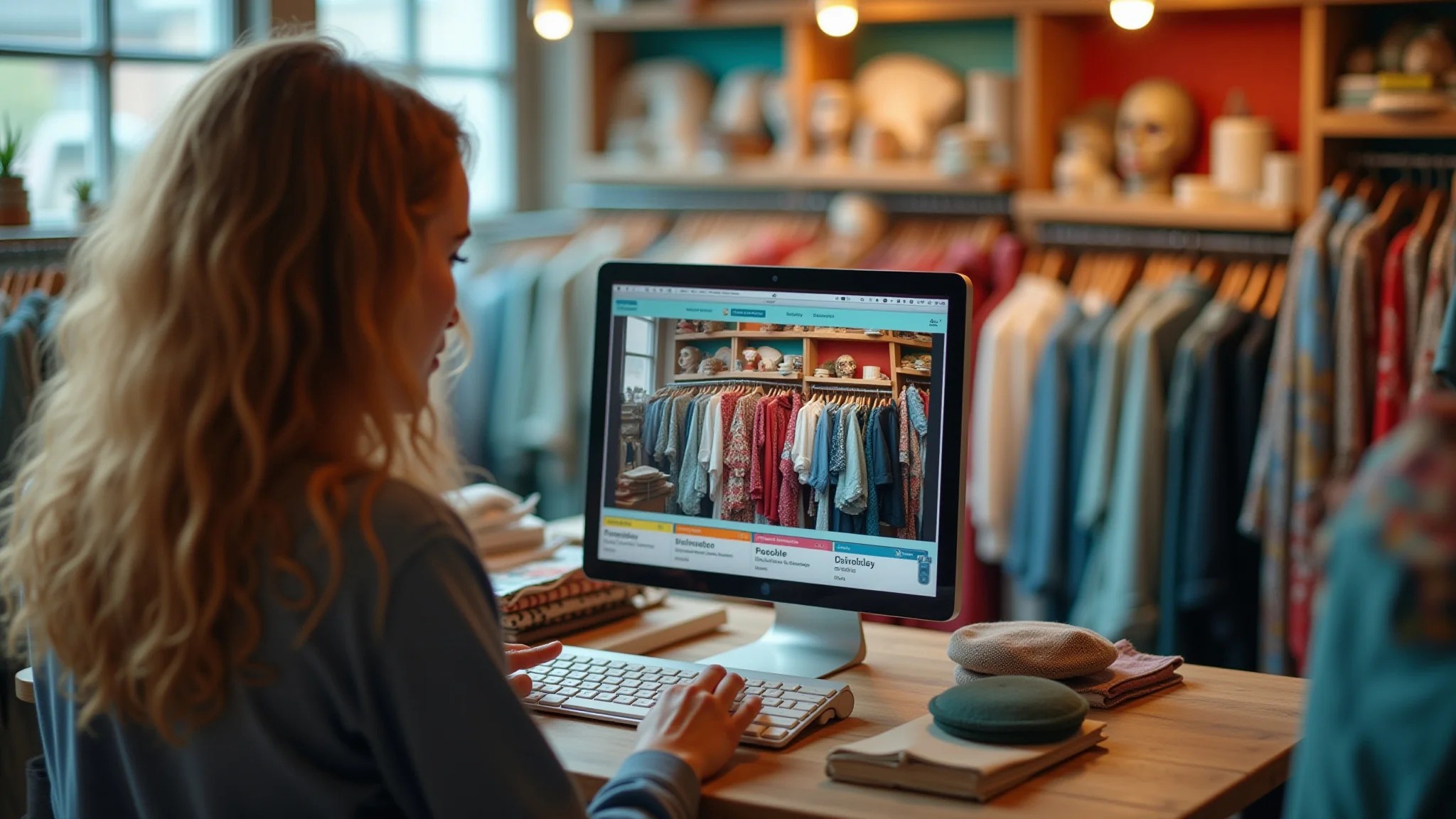 Mulher navegando em brechó online colorido, buscando roupas vintage.