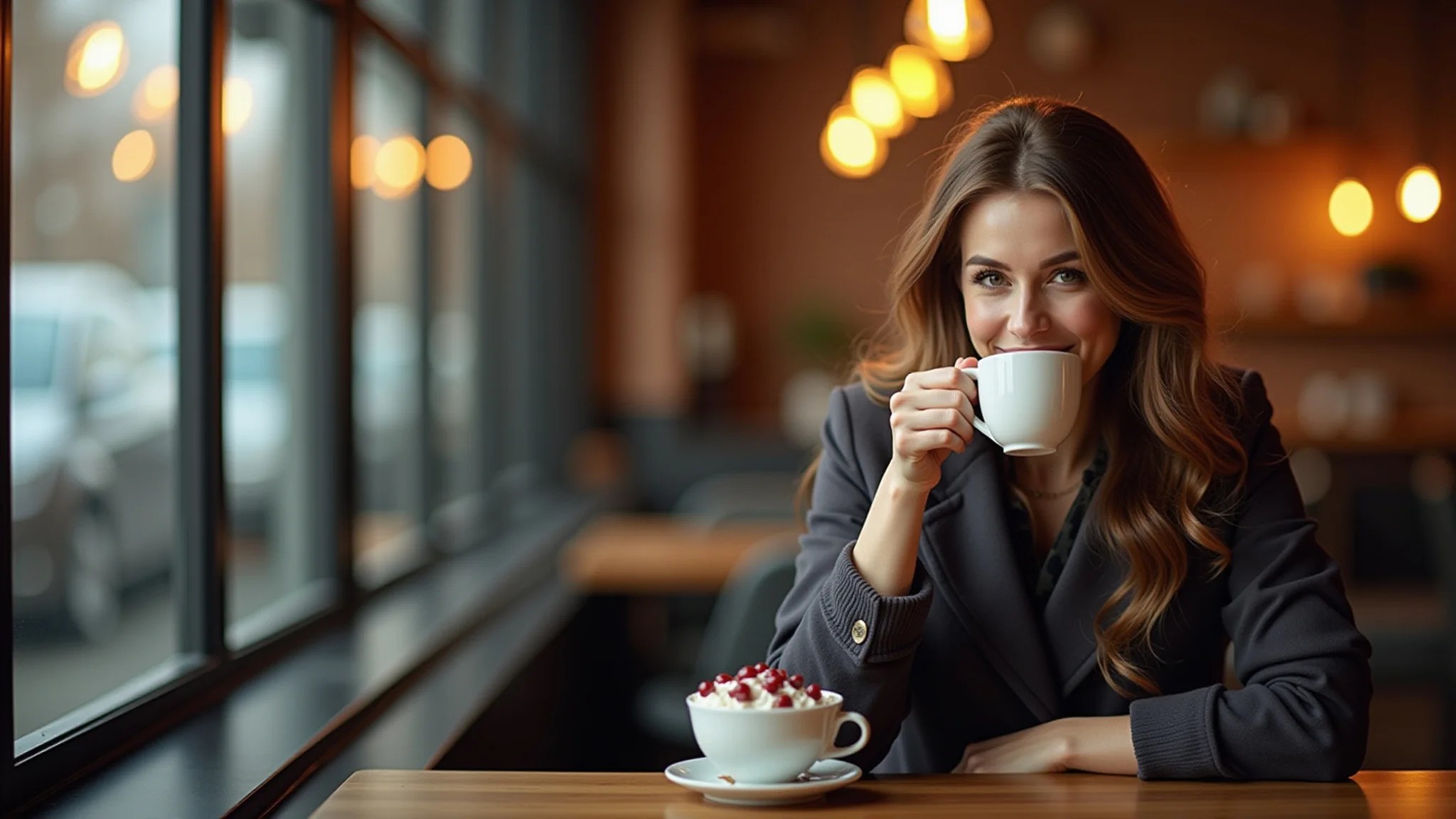 Mulher aproveitando chocolate quente em café aconchegante de Curitiba no inverno.