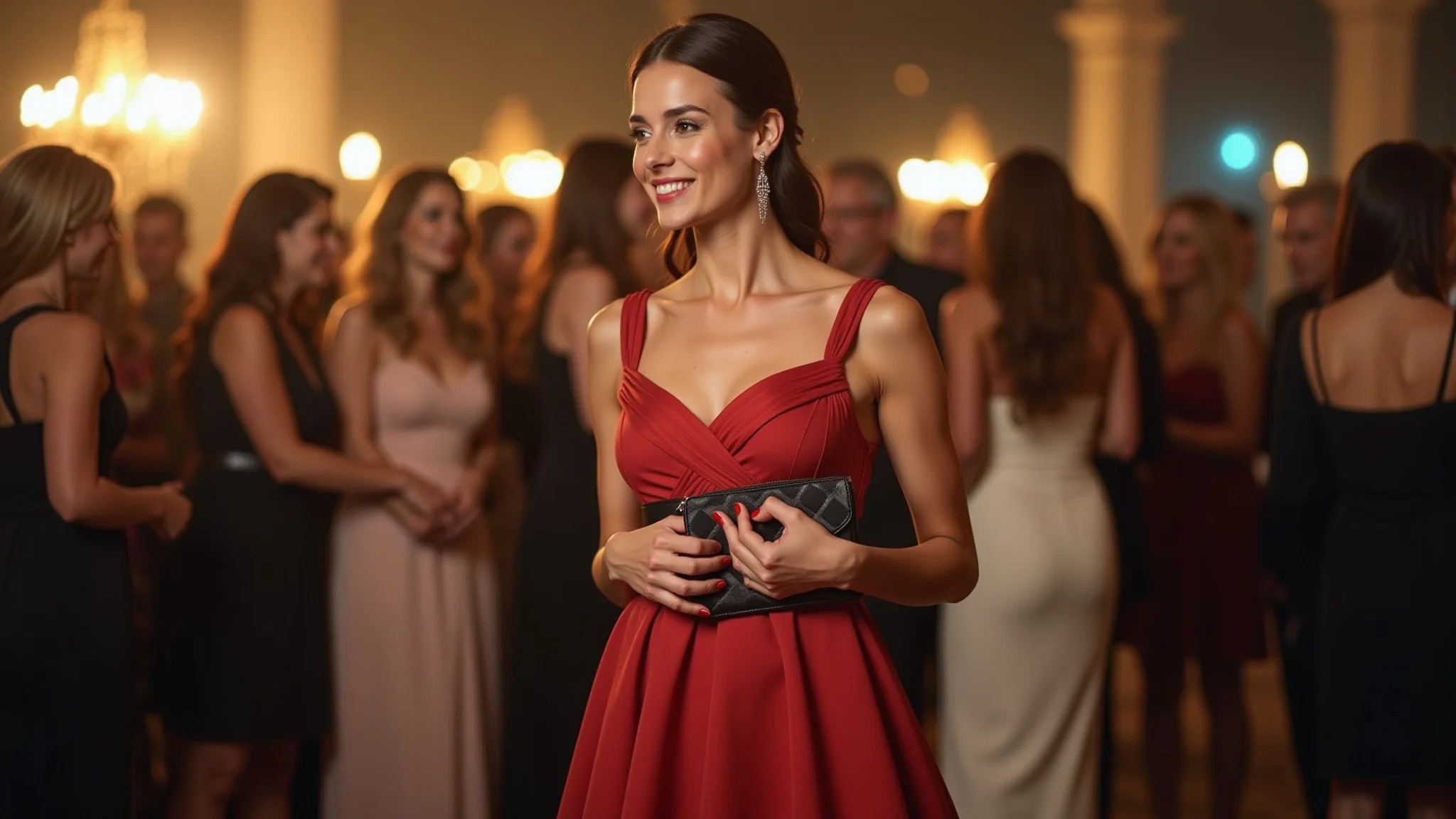 Mulher elegante com vestido midi, cinto e clutch em festa sofisticada.