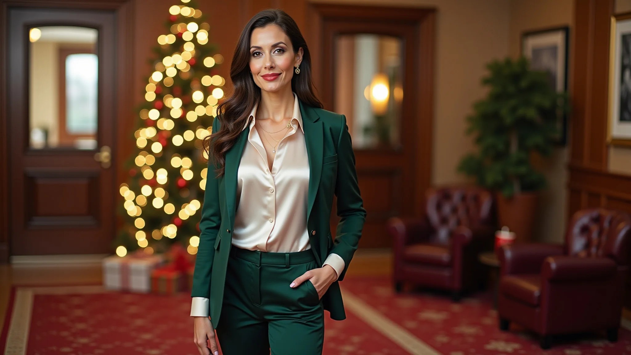 Mulher em calça de alfaiataria e camisa de seda no amigo secreto formal da empresa.