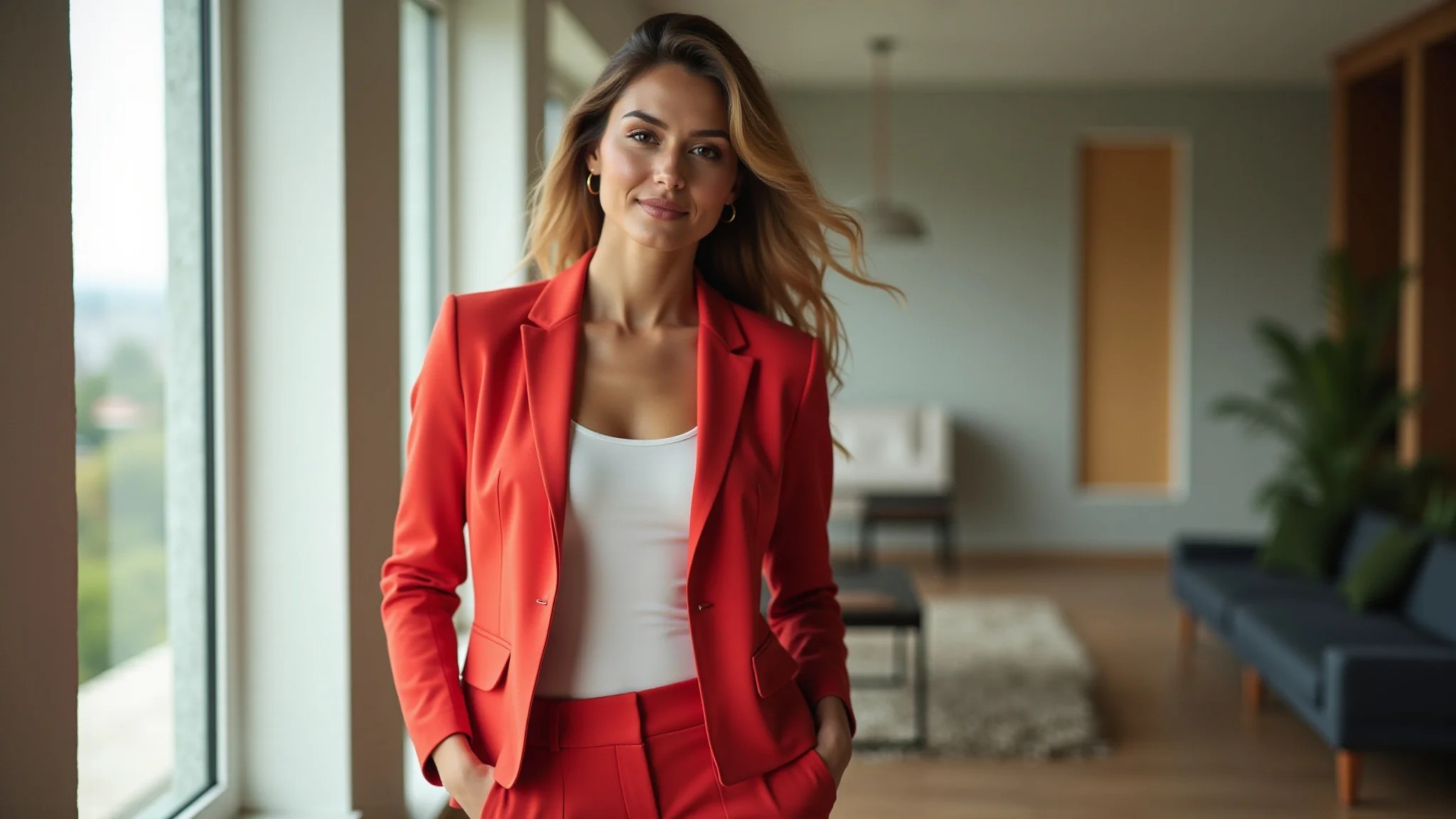 Mulher confiante em conjunto de blazer e calça de alfaiataria vibrante.