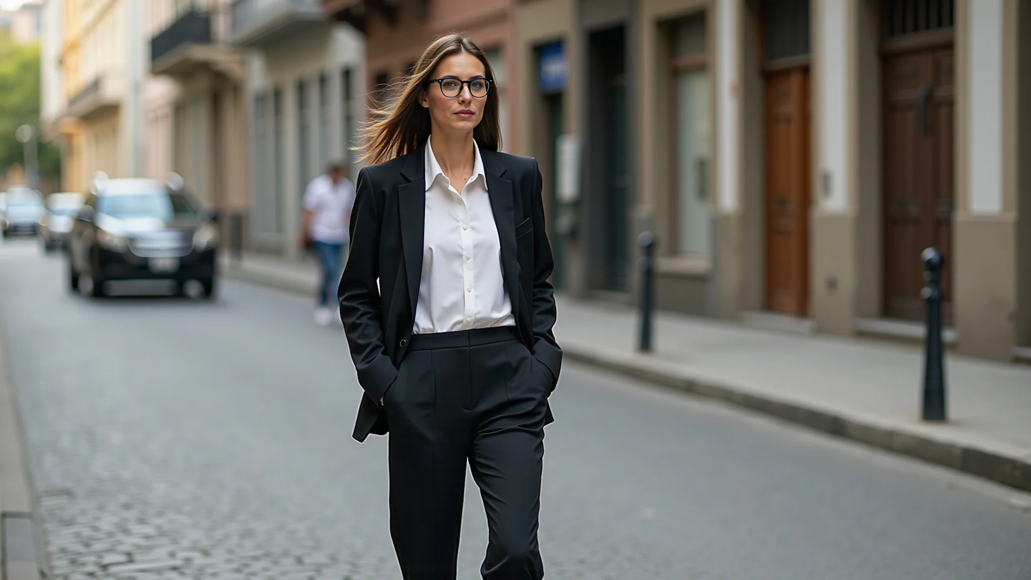 Mulher com blazer e calça de alfaiataria e tênis em cenário urbano brasileiro.