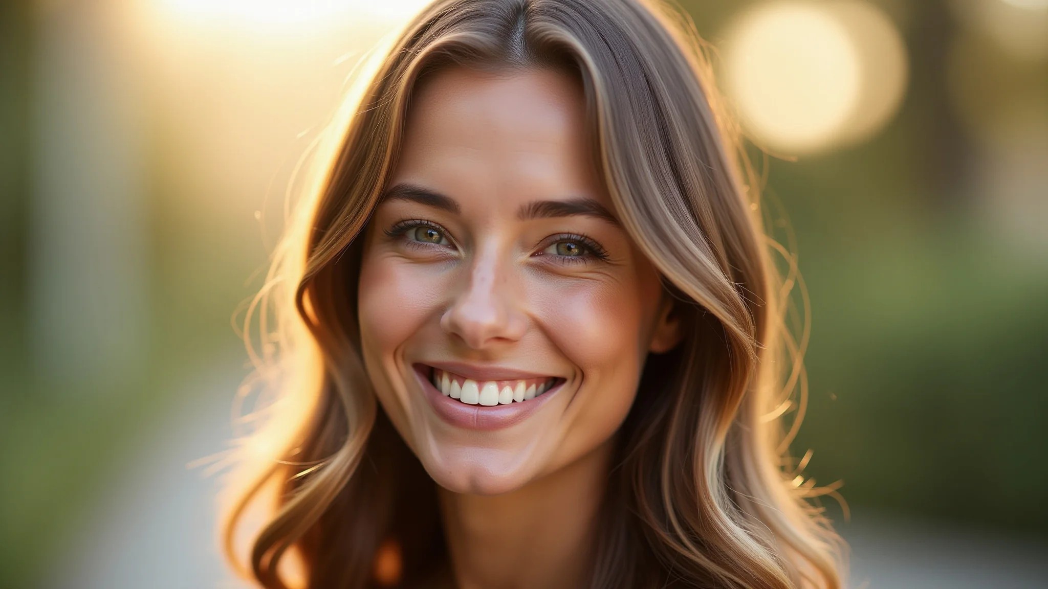 Mulher sorrindo com cabelo hidratado e brilhante após tratamento caseiro.