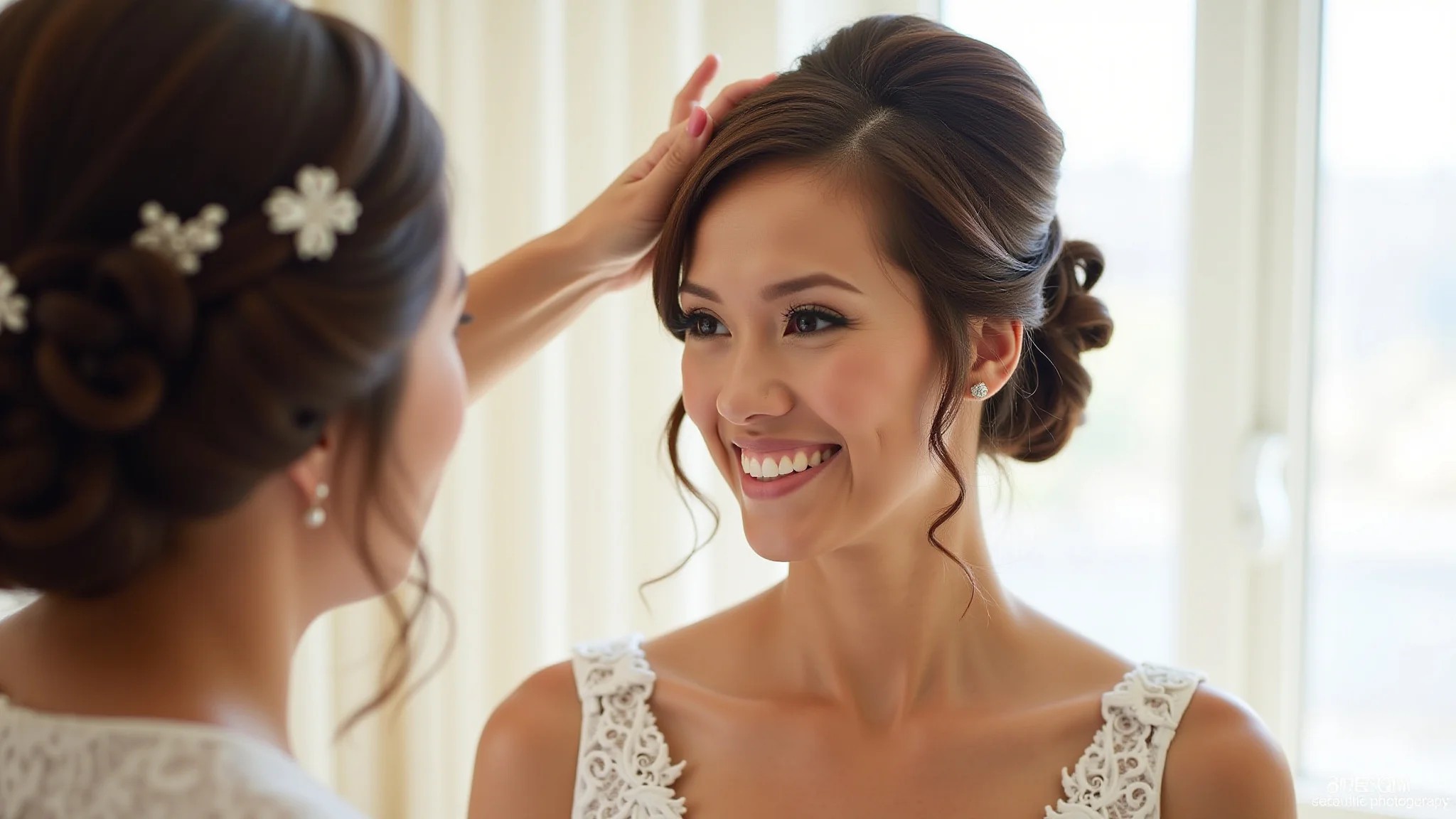 Mulher sorrindo com penteado elegante para casamento, cabelo médio.
