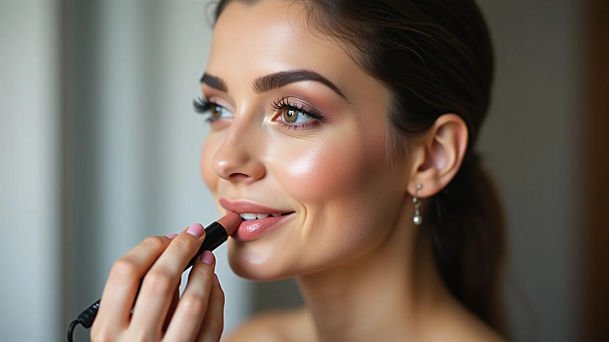 Mulher de pele oliva aplicando batom nude, iluminação interna, sorriso confiante, tutorial de maquiagem.