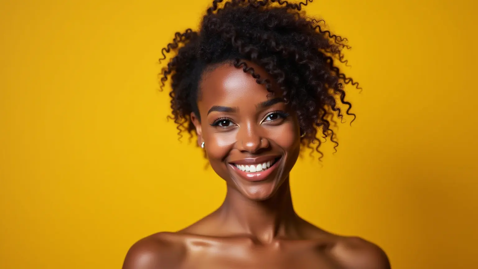 Mulher com cabelo cacheado curto estilizado com a técnica dedoliss.