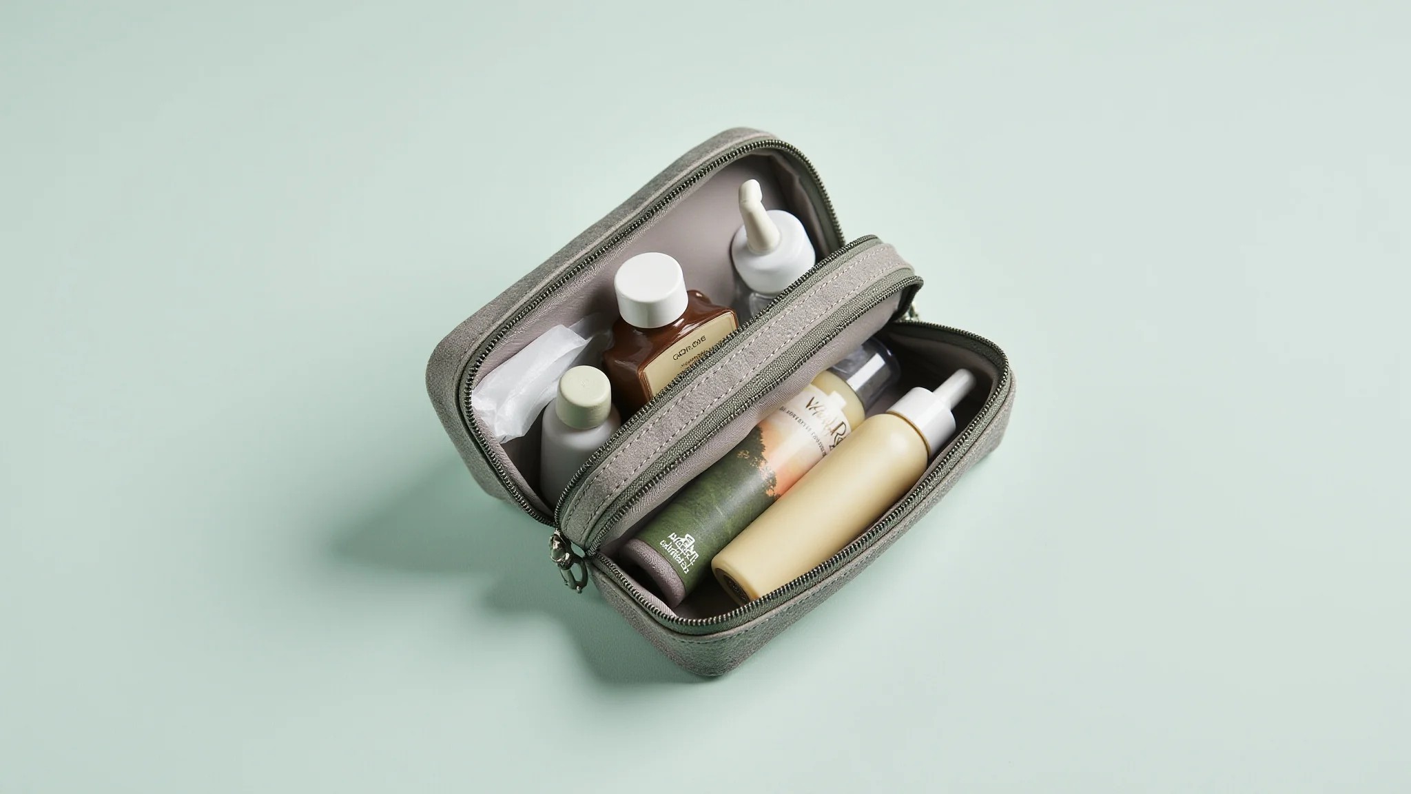 Necessaire dobrável com itens de higiene pessoal, em alta resolução.