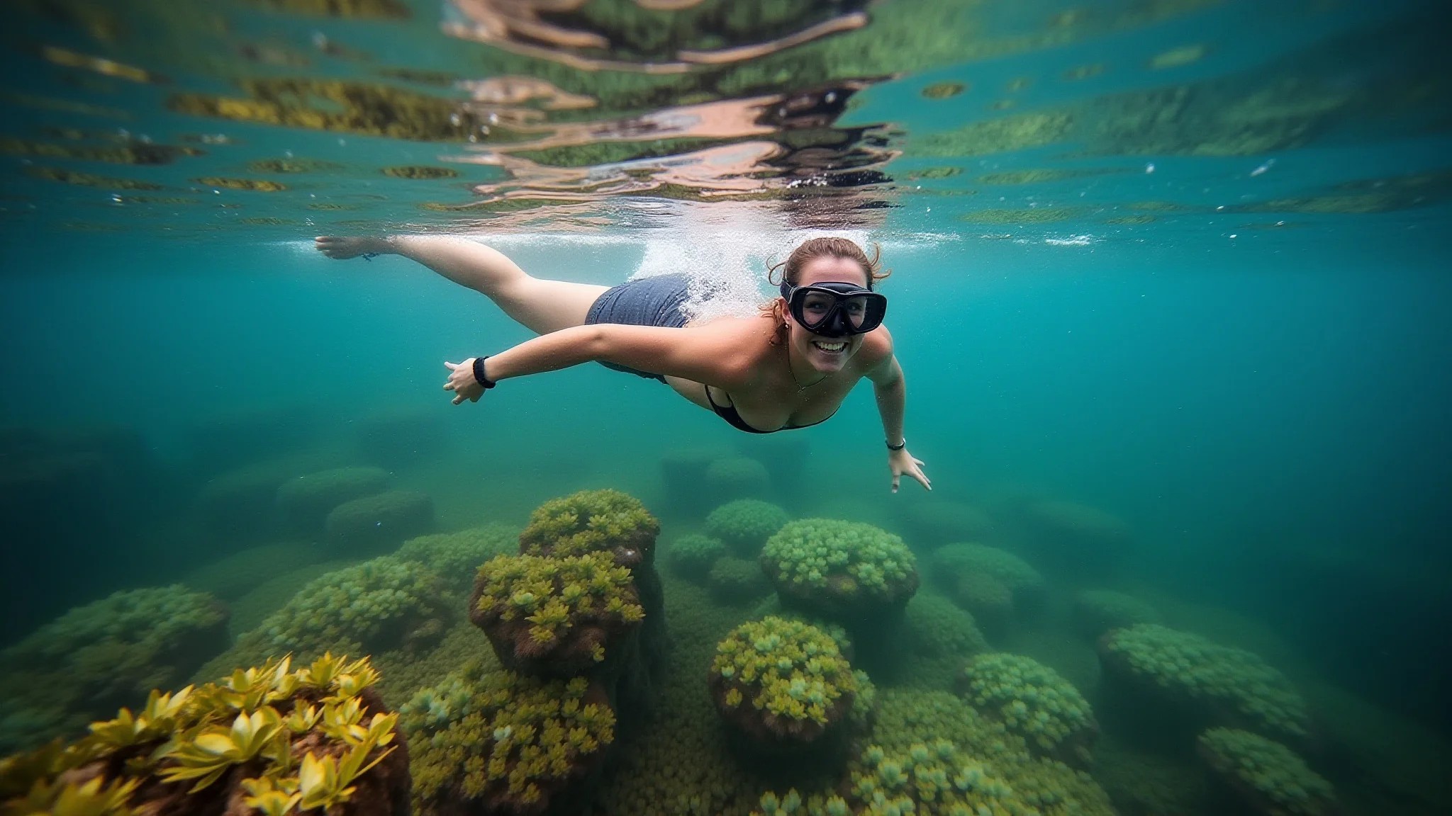 Fotografia subaquática do Rio Sucuri em Bonito, Brasil, com águas cristalinas e mulher praticando snorkeling.