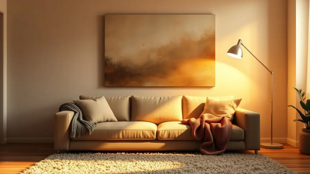Quadros Grandes e Iluminação Indireta: Sala Aconchegante