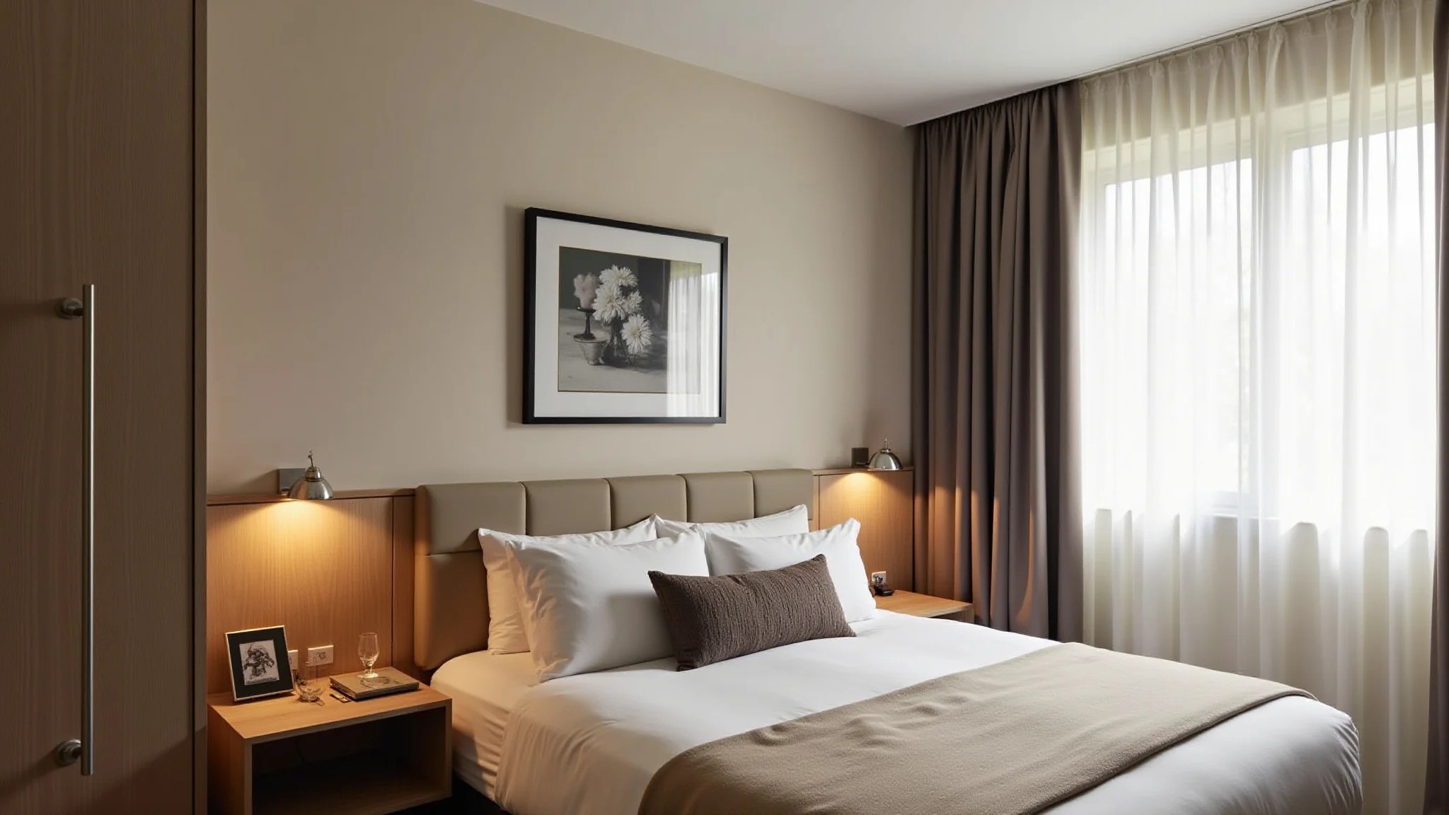 Quarto clássico com cama de madeira e roupa de linho