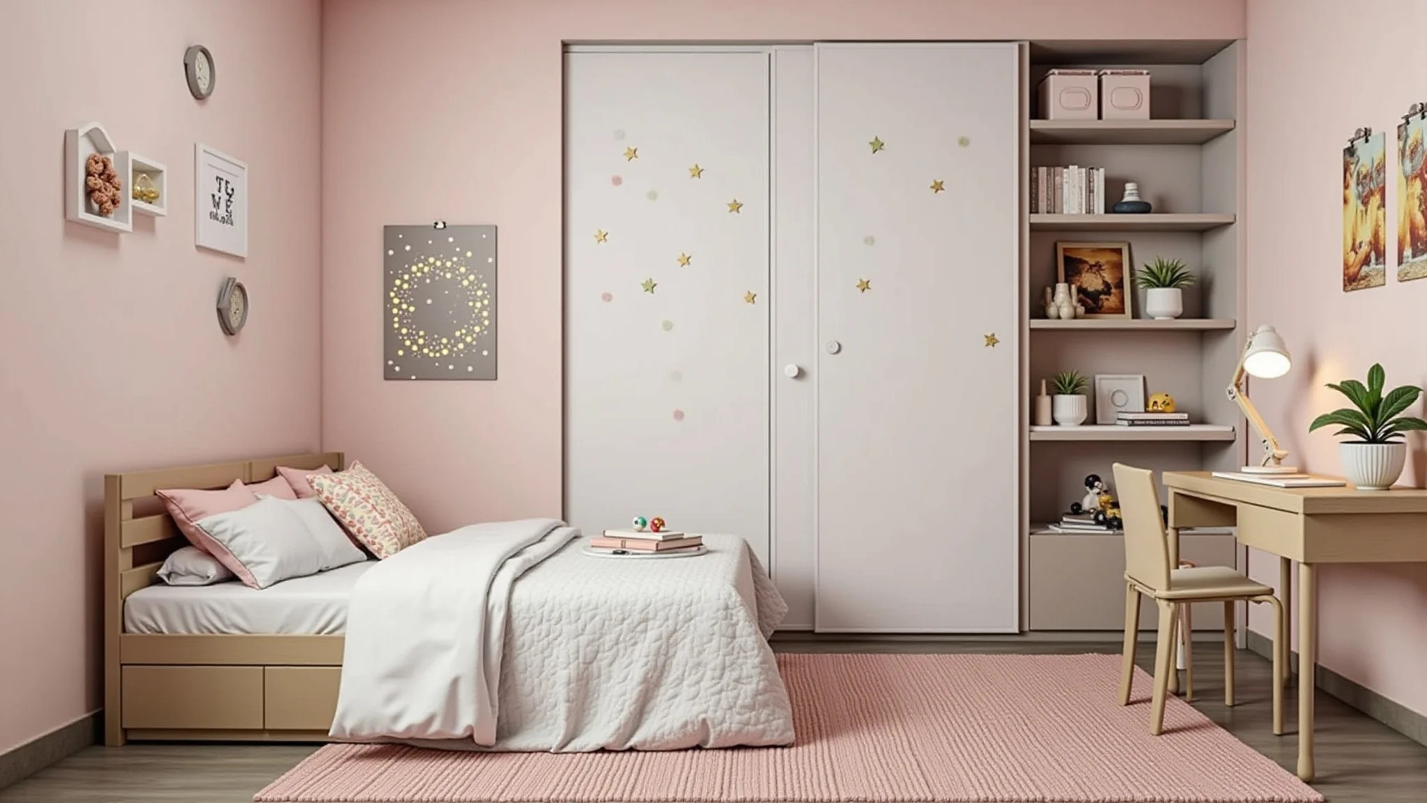 Quarto infantil decorado com tema de nuvens e estrelas, tons suaves e aconchegantes.