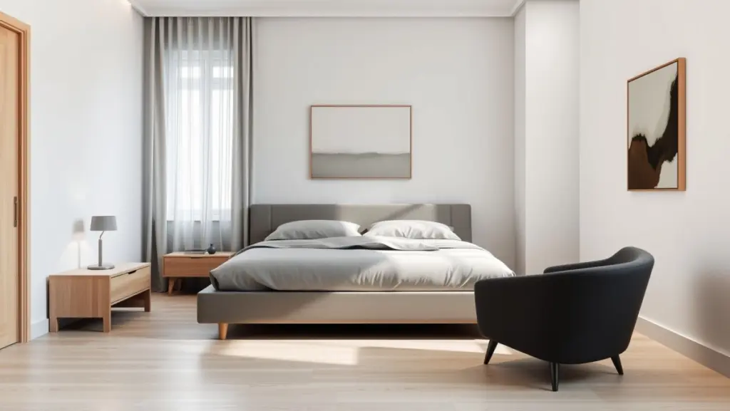 Quarto Masculino Elegante: Minimalismo em Cinza e Madeira Clara