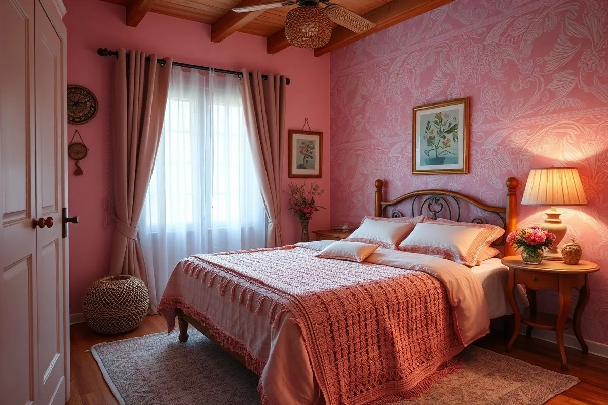Quarto rosa aconchegante com manta de tricô e texturas diversas.
