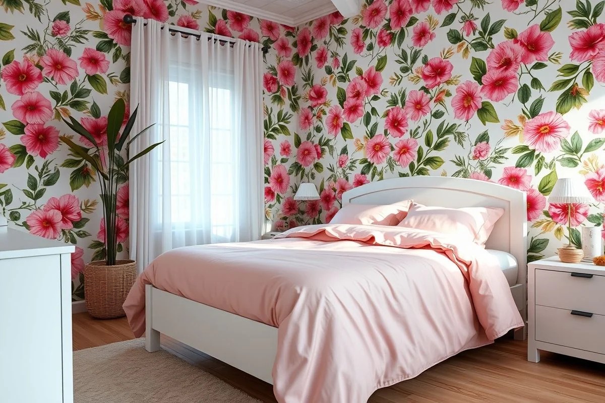 Quarto rosa com papel de parede floral romântico.