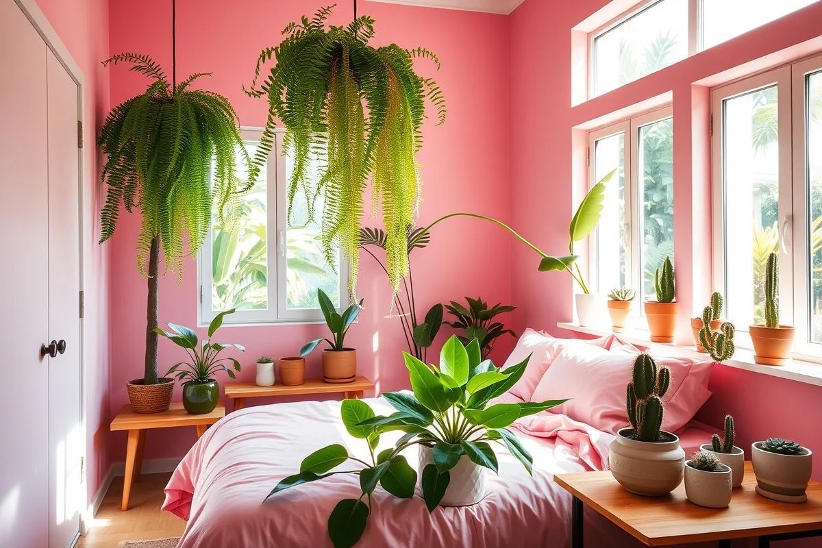 Quarto rosa com plantas, um oásis de paz e tranquilidade.