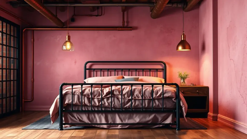Quarto Rosa e Cobre: Elegância Industrial Chic para Jovens