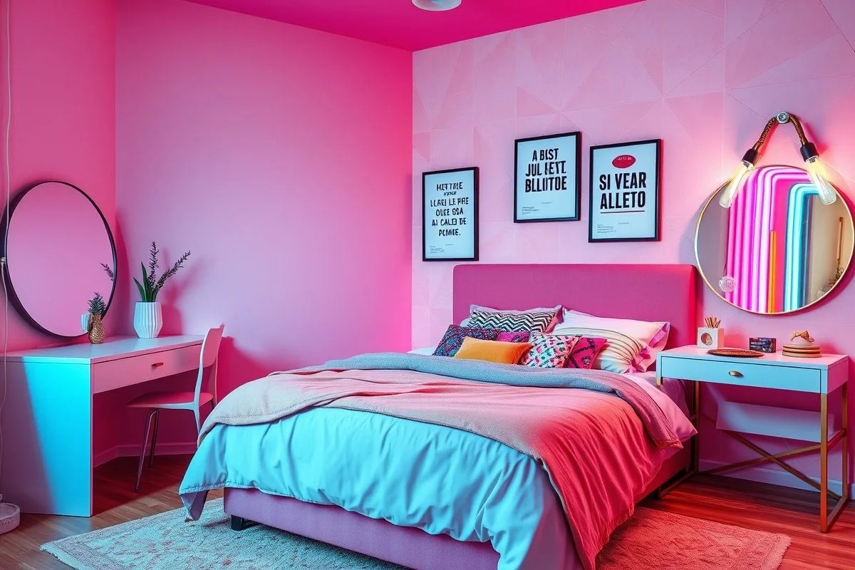 Quarto rosa moderno para adolescente com detalhes dourados e neon.