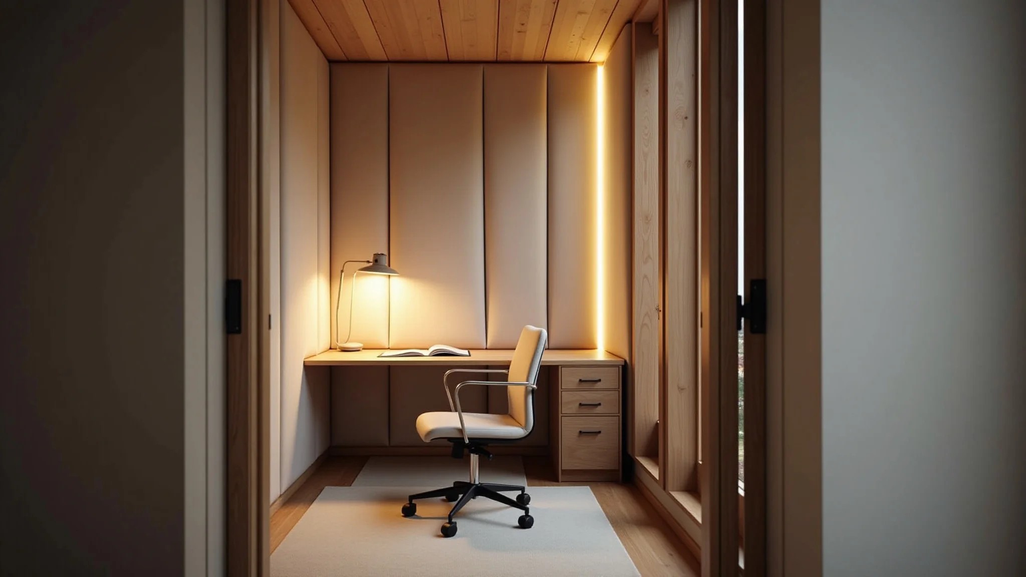 Sala de concentração silenciosa com painéis acústicos e design minimalista.