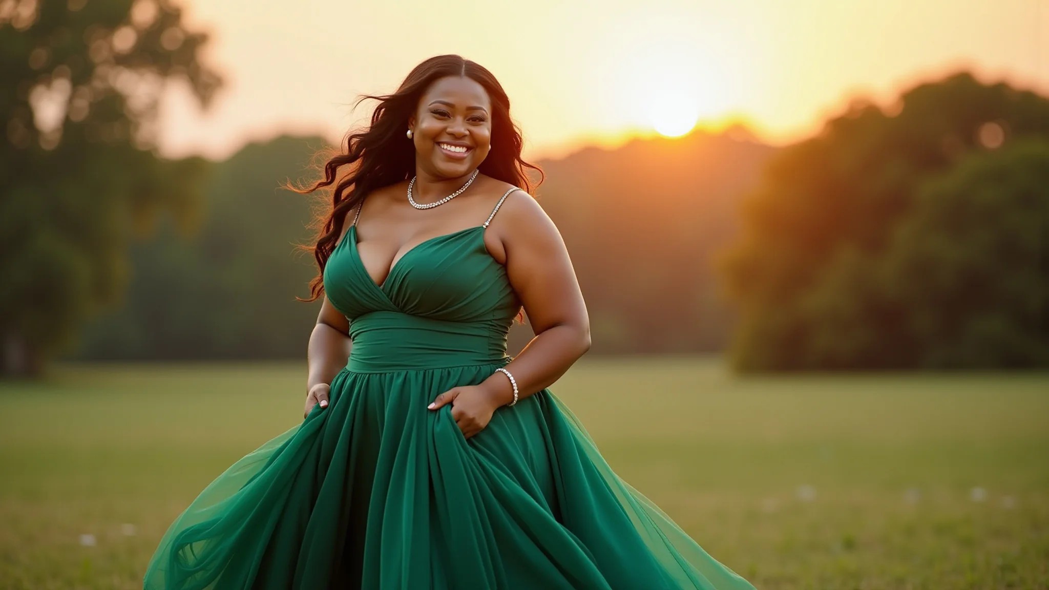 Madrinha plus size radiante em vestido verde esmeralda elegante, sorrindo confiantemente.