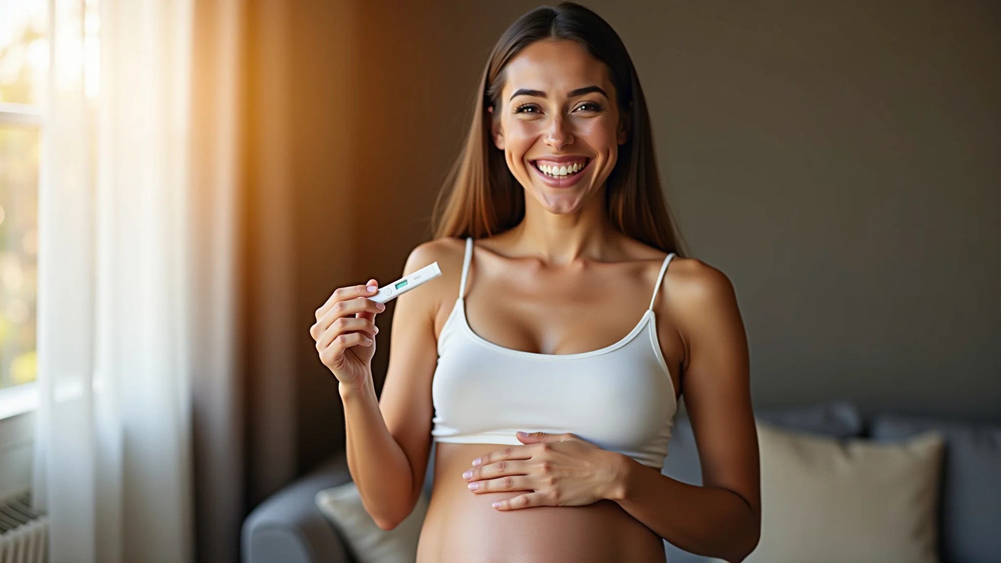 Mulher grávida radiante segurando teste de gravidez positivo, sorrindo em casa.