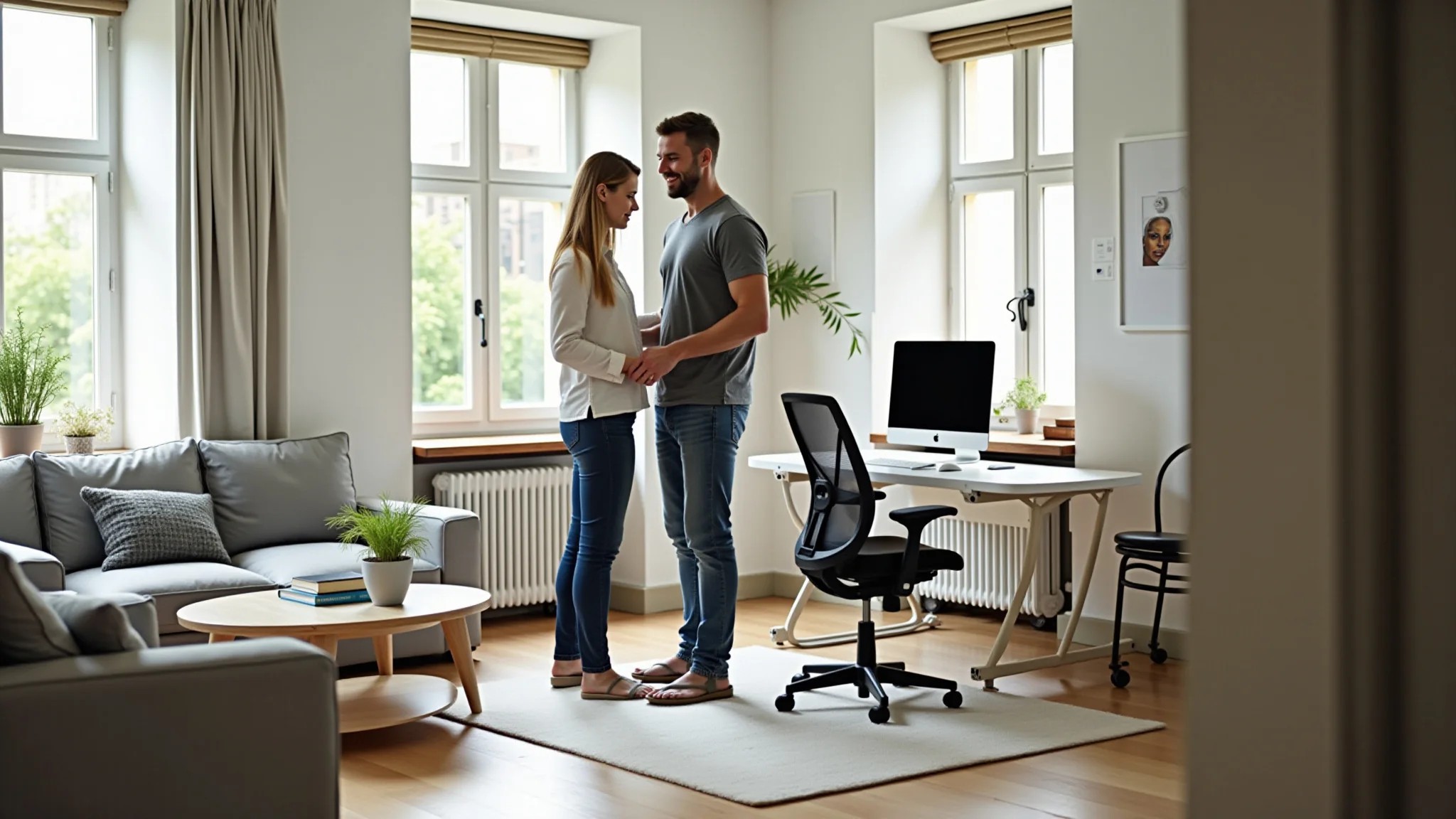Casal planejando o layout do home office, medindo o espaço e escolhendo móveis ergonômicos com estilo brasileiro.