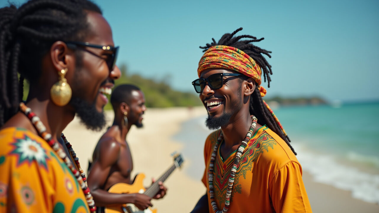 Cores vibrantes do reggae: estampas tribais em praia no Brasil.
