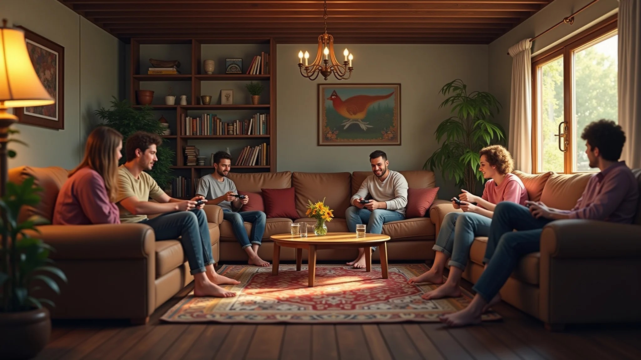 Sala de estar relaxante em estilo rústico com amigos jogando e atmosfera aconchegante.