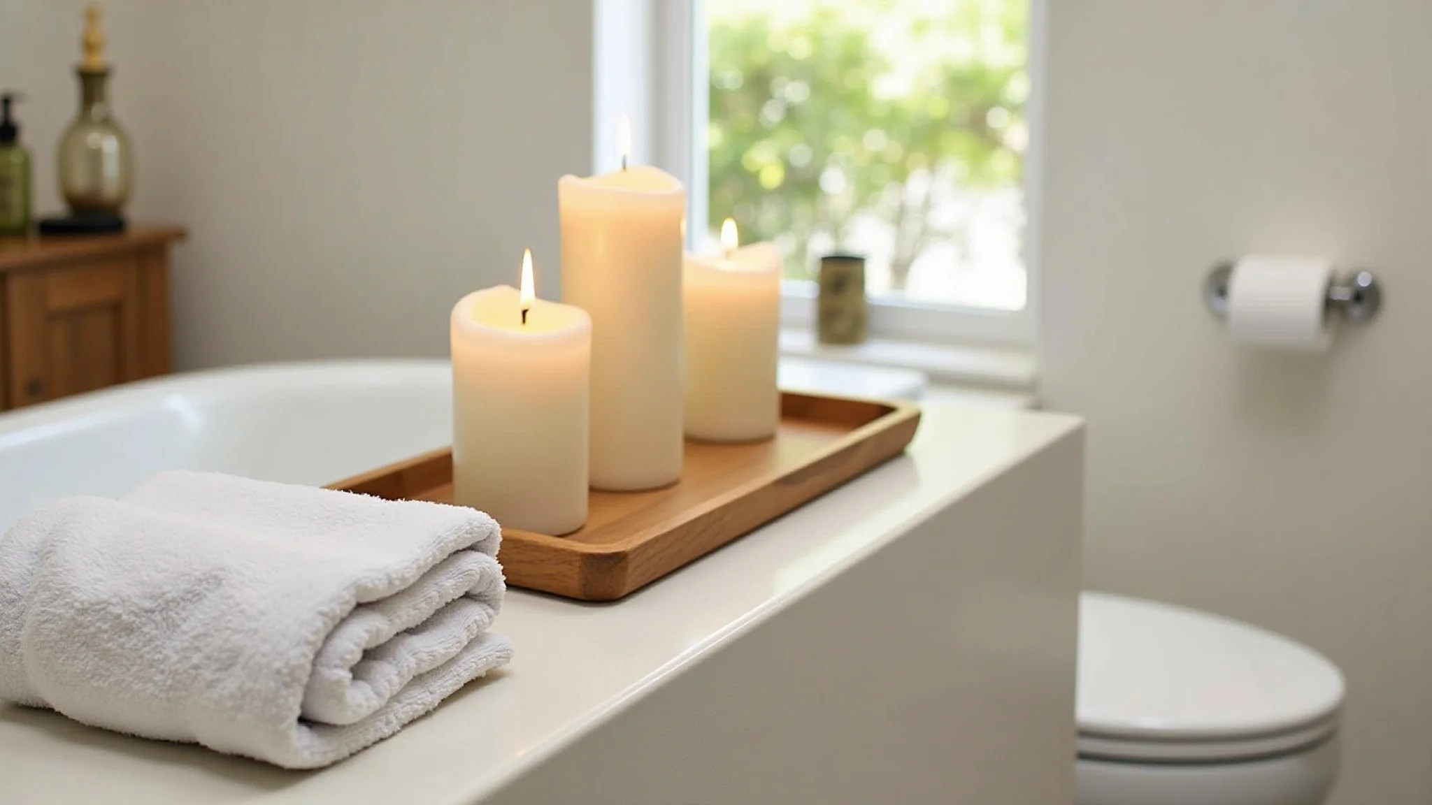 Banheiro relaxante com velas e toalhas macias.