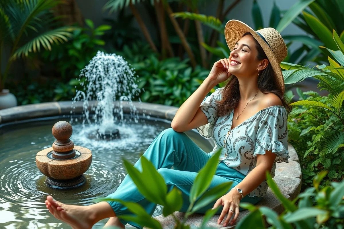 Mulher relaxando perto de fonte em jardim brasileiro, ambiente tranquilo e verde.