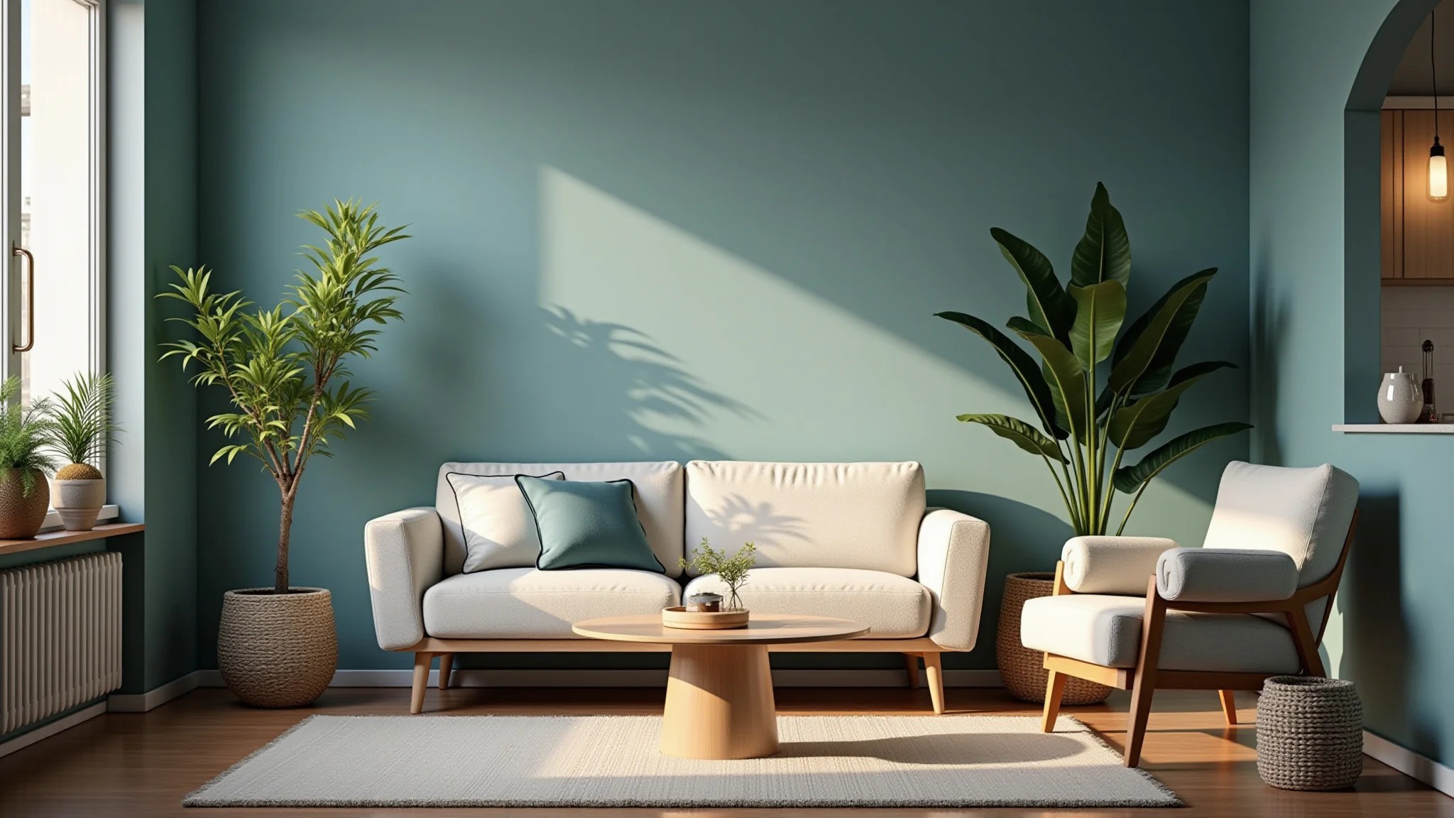 Sala de estar relaxante com tons de azul suave, plantas e iluminação natural, design brasileiro.