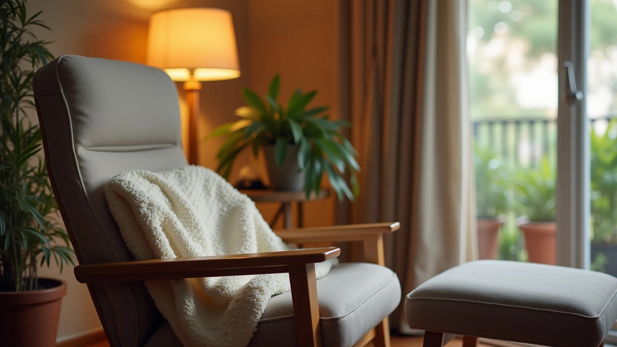 Espaço relaxante com poltrona reclinável e manta aconchegante.