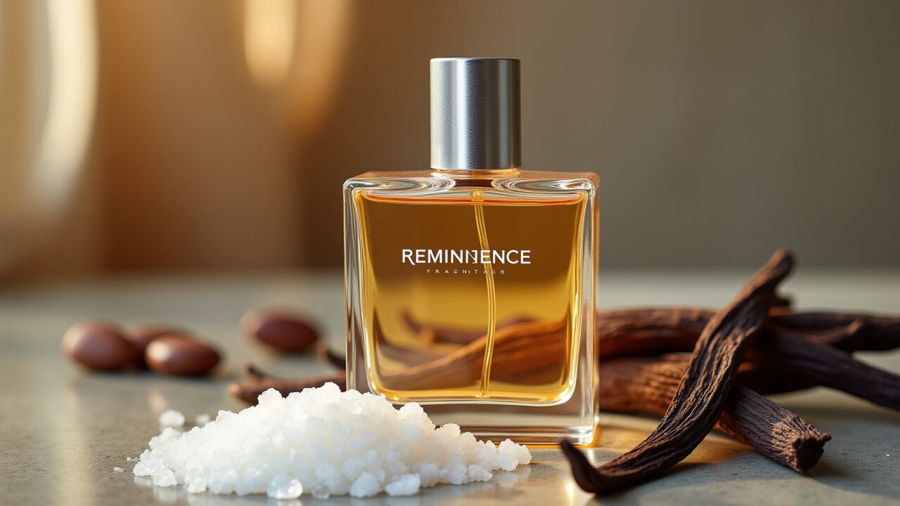 Frasco do perfume Rem cercado por sal marinho, algas e baunilha.