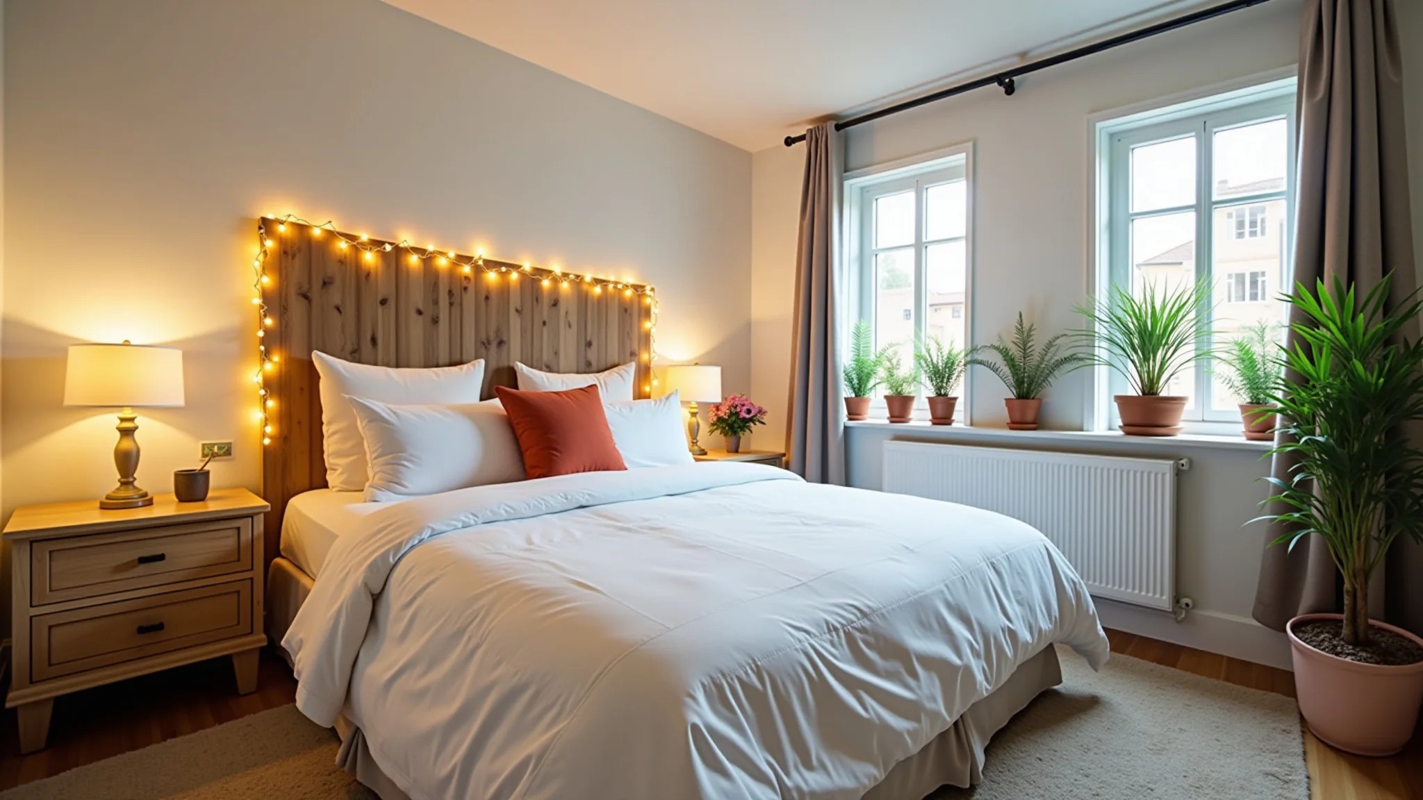 Quarto de apartamento alugado com luzes, cabeceira DIY e plantas.
