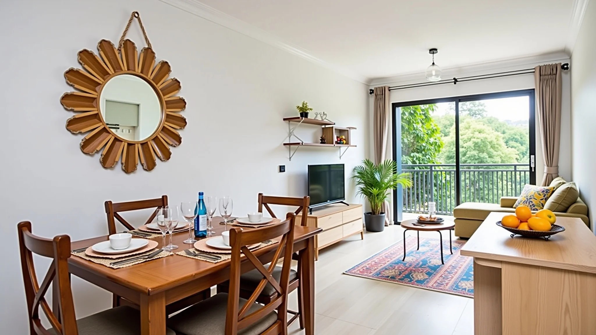 Área de jantar de apartamento alugado com decoração DIY e louça colorida.