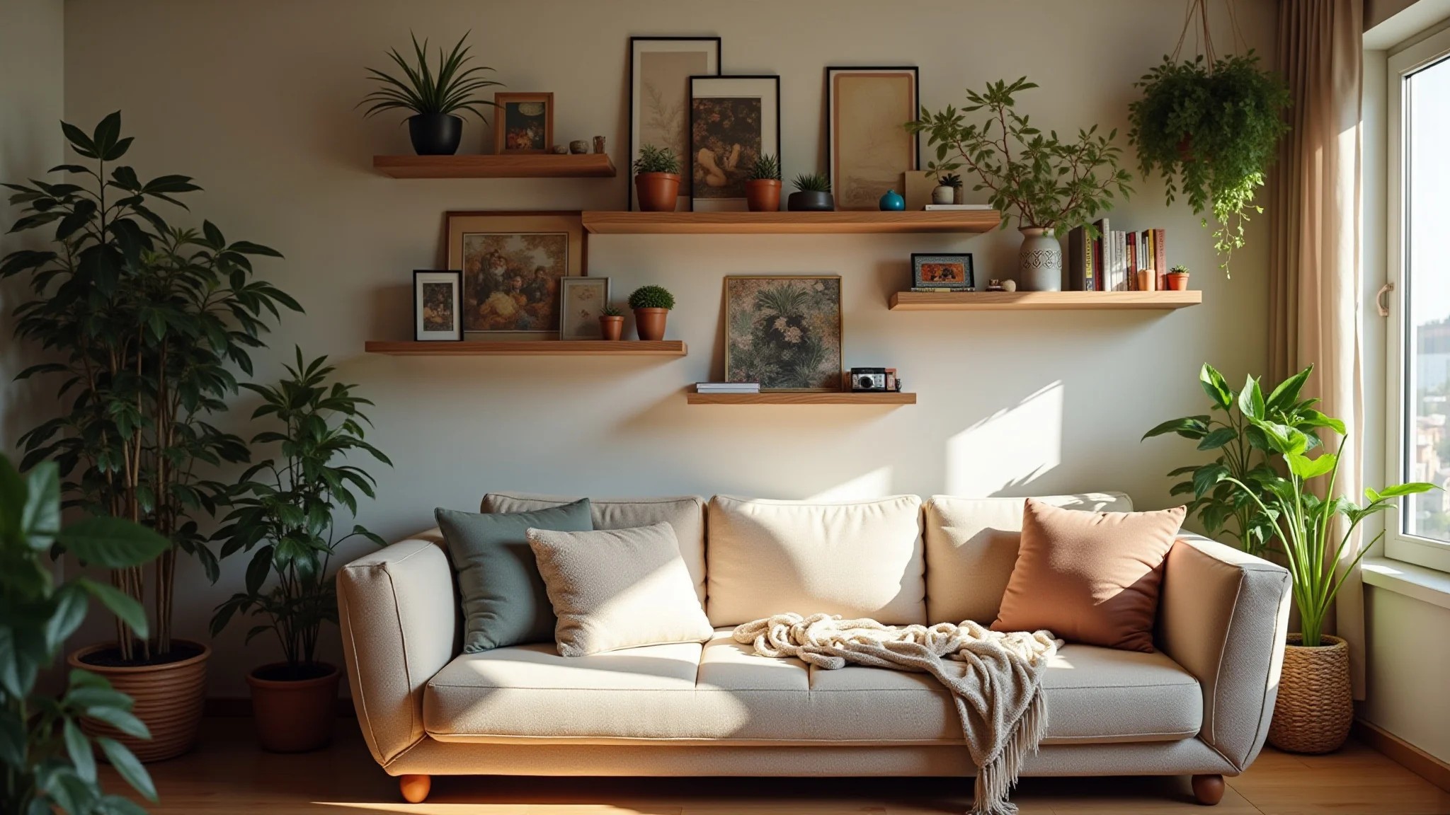 Sala de apartamento alugado, prateleiras decoradas com plantas e livros.