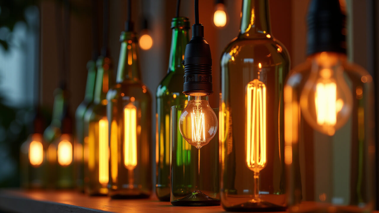 Garrafas de vidro reutilizadas como luminárias com lâmpadas de filamento.