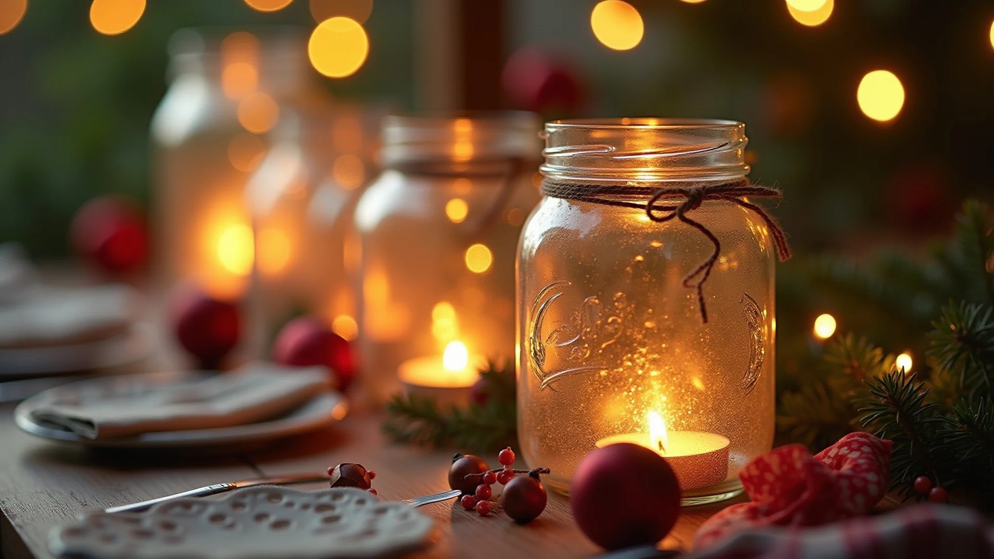 Potes de vidro reaproveitados como lanternas de Natal.