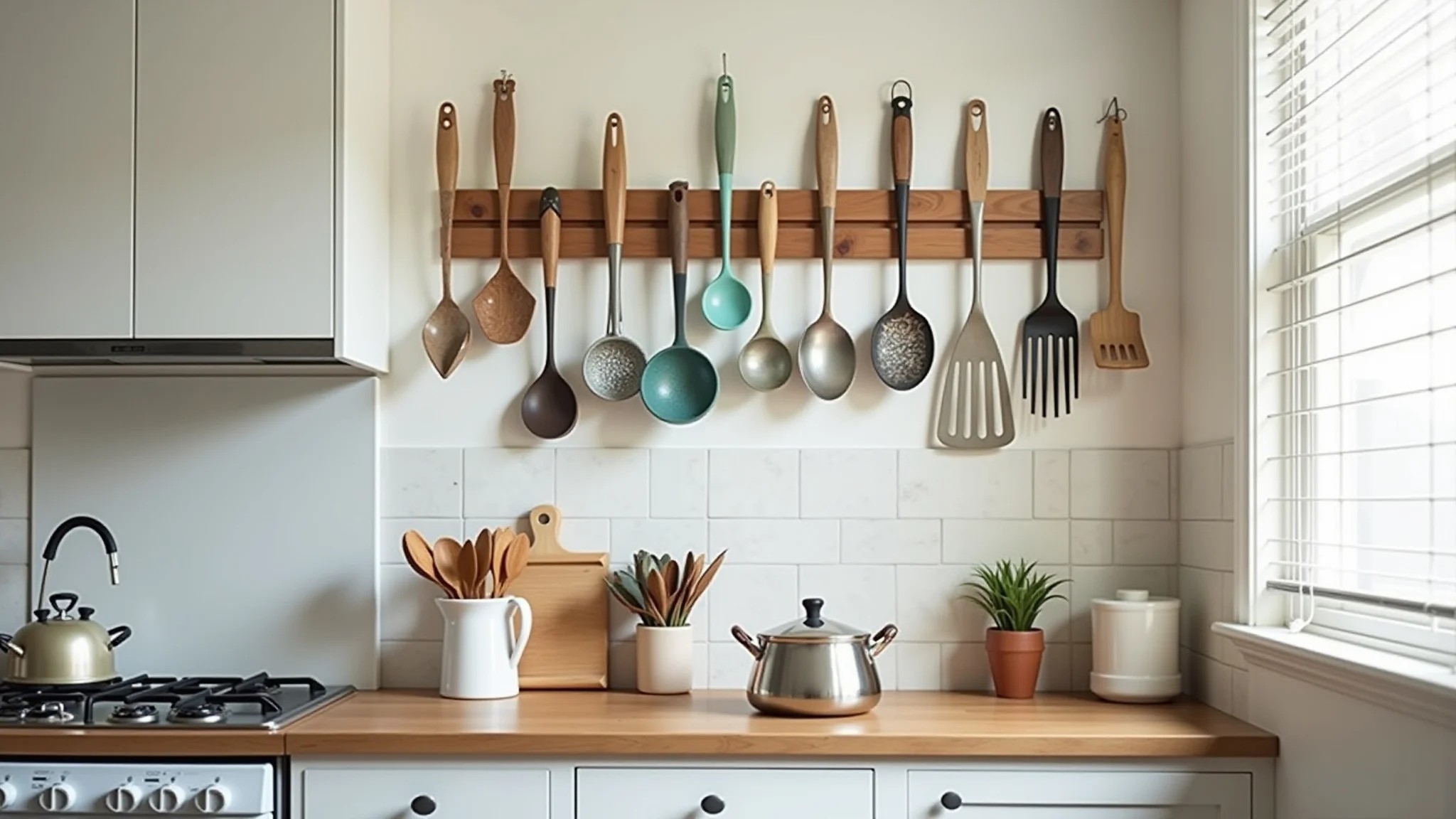 Utensílios de cozinha reaproveitados como decoração de parede.