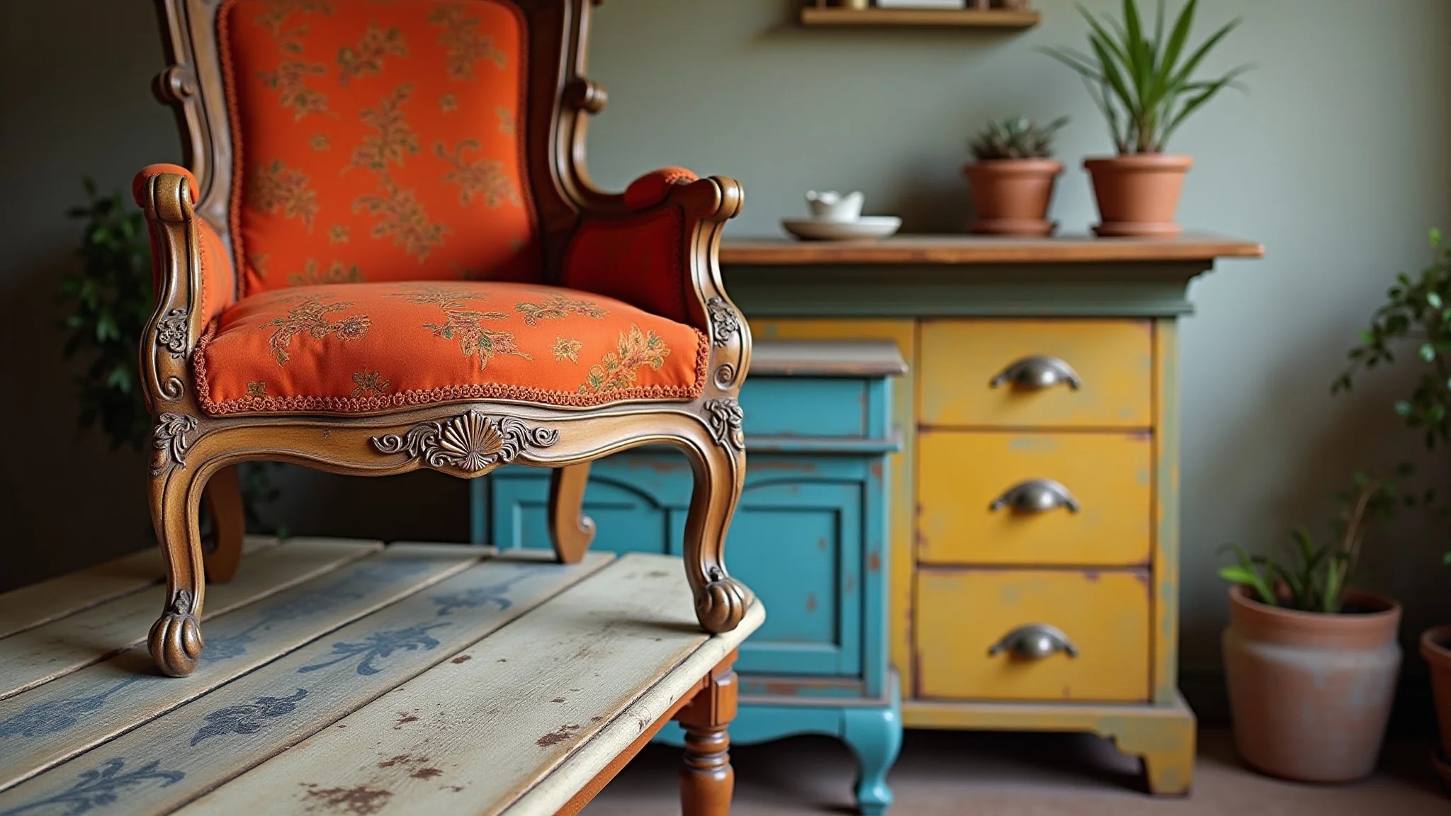 Cadeira antiga restaurada com cores vibrantes e detalhes artesanais brasileiros.