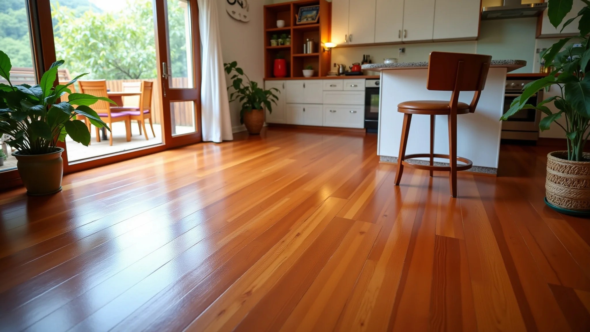 Assoalho de garapeira restaurado com acabamento impecável em casa brasileira.
